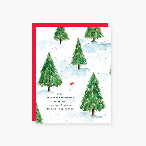 Cardinal in the forest holiday remembrance greeting card