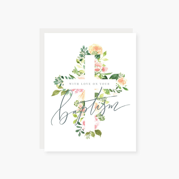 floral cross baptism card