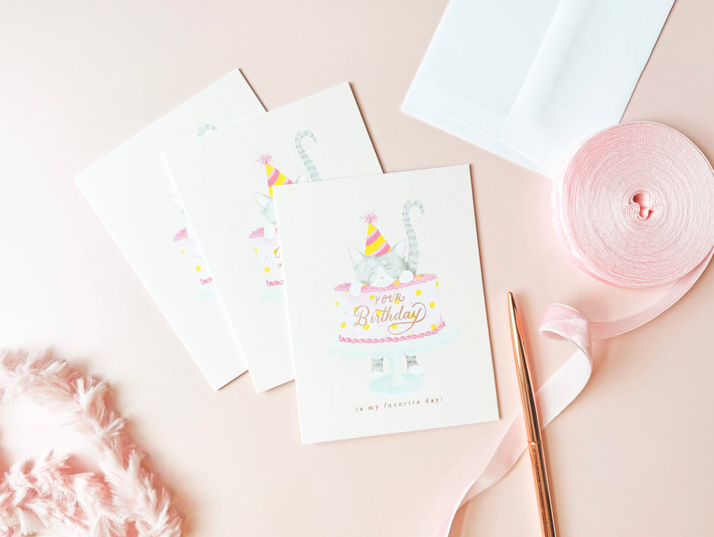 Kitty in the Cake Birthday Card