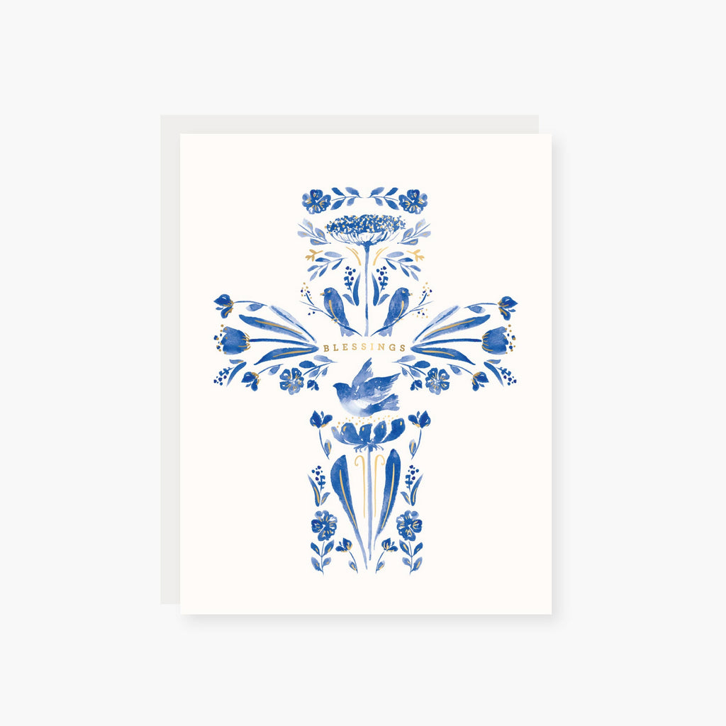 Blessings Blue Floral Cross Religious Card