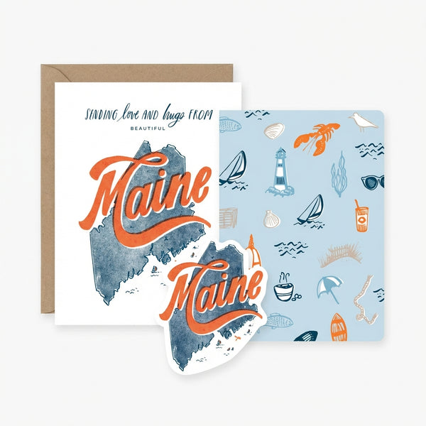 Greeting card with 'Maine' text and map design, featuring a patterned backside.