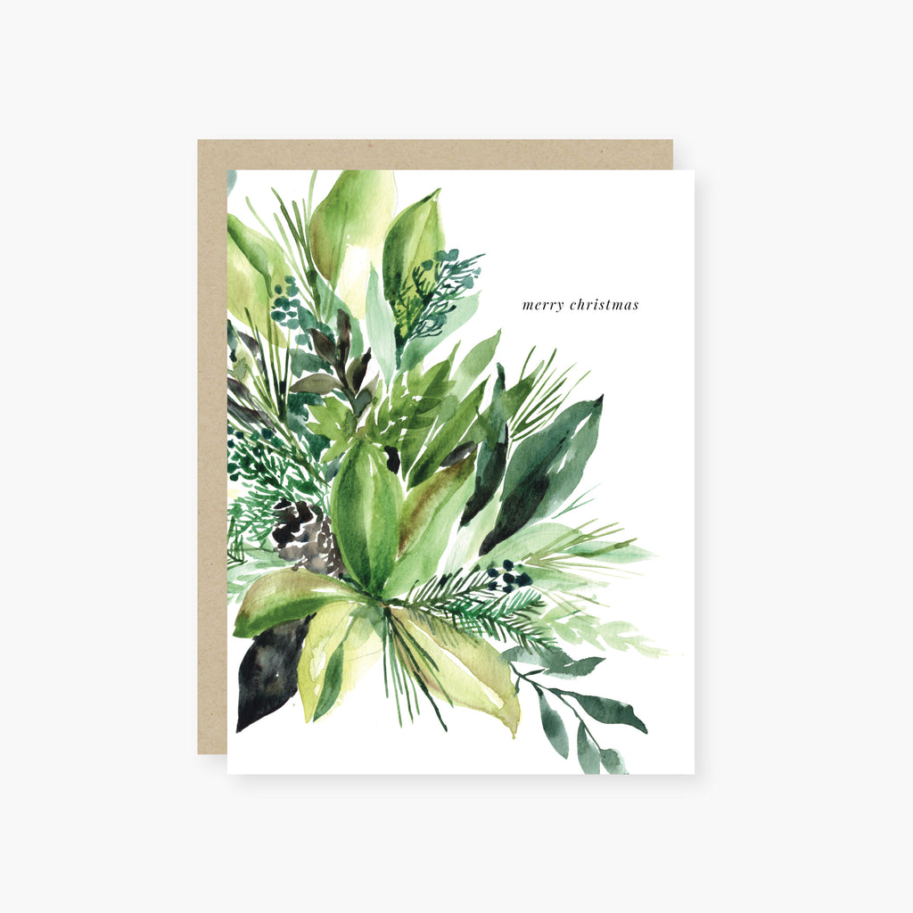 watercolor greens merry christmas card